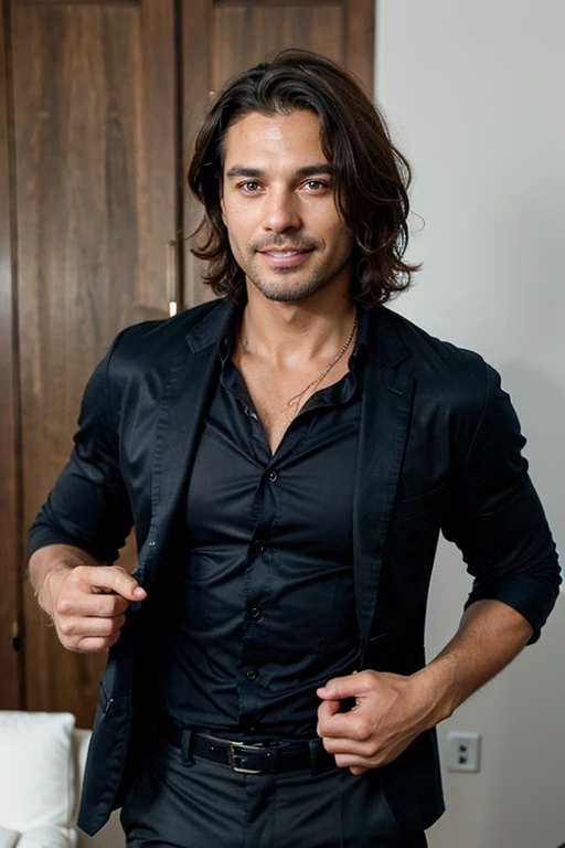 a Native American Indian man with an athletic body, exibindo uma distintiva cicatriz na parte superior do olho direito. He dresses elegantly and incorporates elements of a mafia style., like a tailored suit and signature accessories. Explore nuances that highlight the unique fusion of these characteristics, Highlighting Facial Expressions, posture and background elements that contribute to this composition.