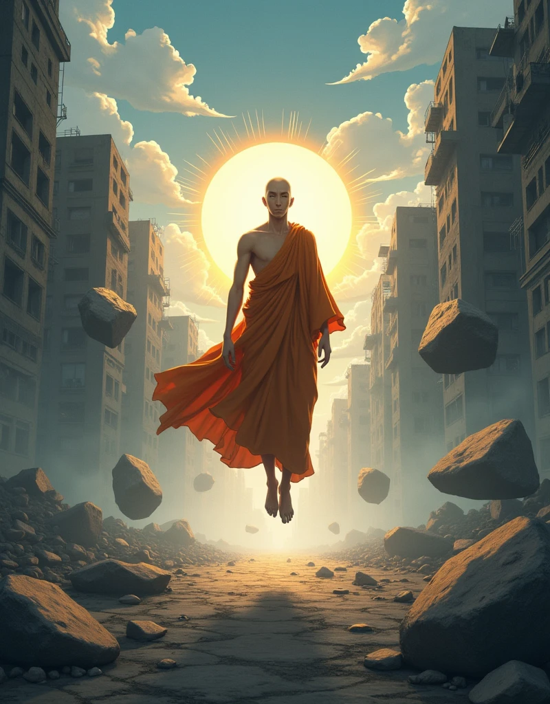 Create a anime style landscape image. Digital anime style featuring a bald monk with a serene expression, levitating in a meditative pose amidst a post-apocalyptic urban landscape. The monk, with light brown skin, is dressed in a flowing orange robe that contrasts with the dark, cloudy sky. Surrounding him are large, floating rocks, and a glowing, circular energy field emanates from his body, adding a mystical aura. The background showcases dilapidated buildings and a foggy, debris-strewn ground, enhancing the sense of desolation and otherworldliness. The overall composition is dynamic, with a strong emphasis on the central figure and the supernatural elements.