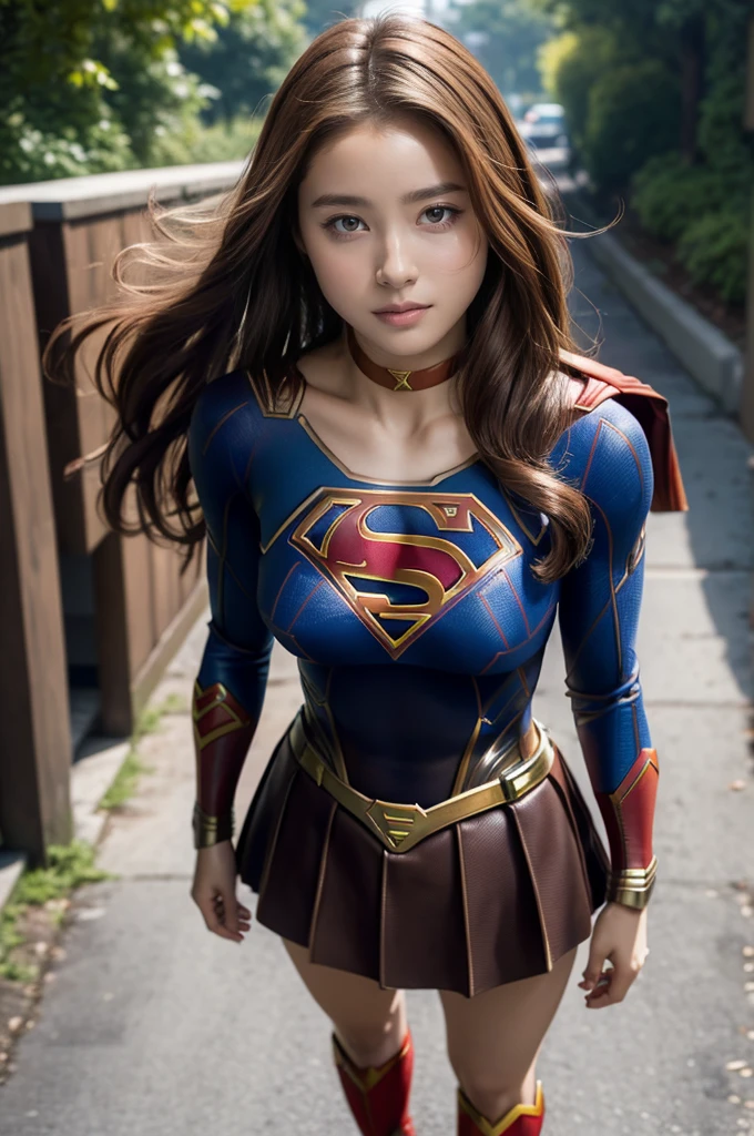 Ultra-realistic depictions,ultra-fine photos,, Best quality, Ultra high definition, Natural light, Full body portrait,( Amazingly beautiful style),((Chestnut hair and semi-long hair that sits in the wind))), Dynamic poses, Detailed beauty face, Brilliant eyes, Front view, (((supergirl costume))), enamel boots, big and full breasts, off shoulder, model body shape, shiny, long sleeve, looking at camera, choker, red mini skirt, Weekly magazine cover, gravure magazine, sweaty, from right in front, Seduce, Urban street, (Beautiful body in detail),((Big)),High detail skin, Realistic skin details, visible pores, sharp focus, 8K UHD, digital, high quality, fair skin, view from below