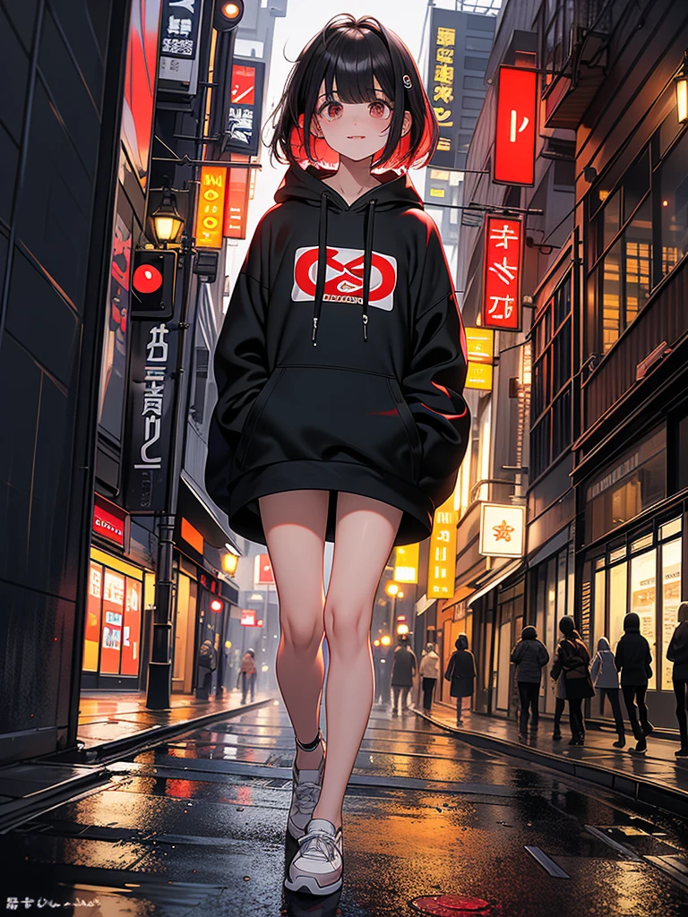 1girl, short black hair, red eyes, beautiful detailed eyes and face, extremely detailed eyes and face, long eyelashes, wearing a semi-transparent shirt showing nipples, denim shorts, standing in a vibrant city with tall buildings and bustling streets, surrounded by colorful lights and neon signs, best quality, 8K resolution, ultra-detailed, realistic, capturing the urban atmosphere with professional studio lighting, vivid colors, capturing the viewer's attention, creating an intense and intriguing contrast with the surrounding environment.