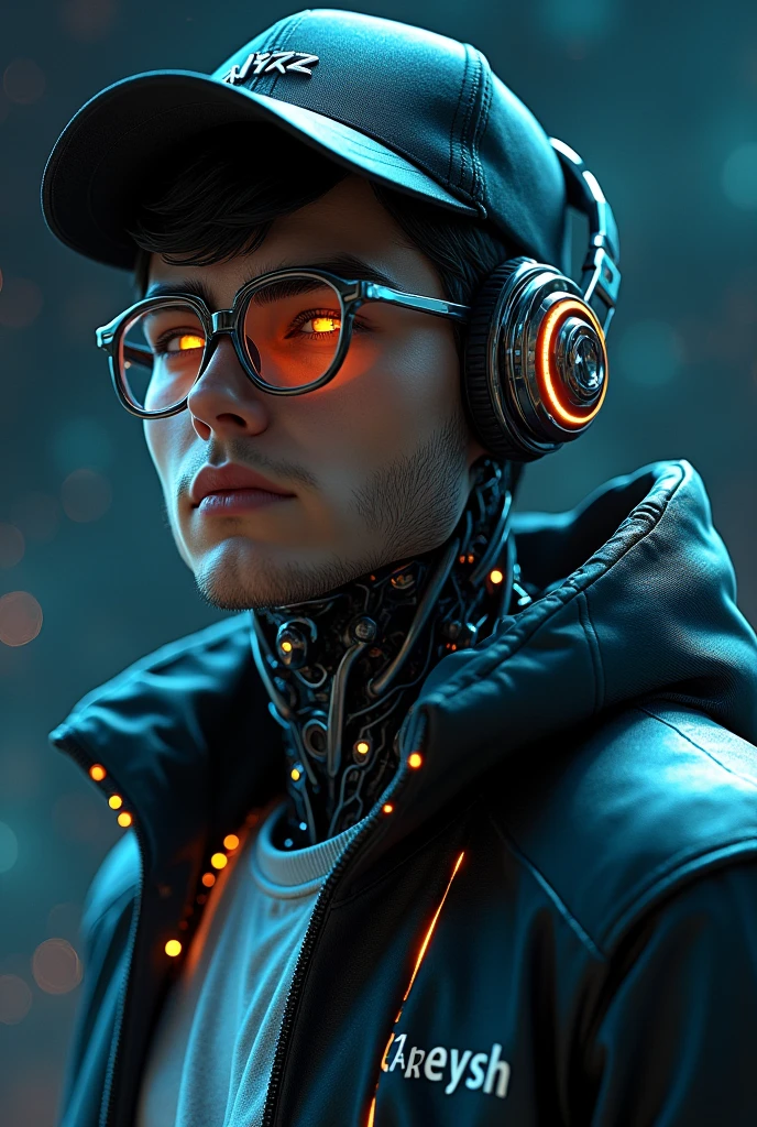 A highly detailed 18-year young boy cyborg, with a focus from the shoulders up, looking slightly towards the camera. The cyborg should have a futuristic and sleek appearance, featuring polished metal, intricate mechanical details, and neon glowing cybernetic implants. Include cyberpunk technology elements, such as cyberpunk-style glasses and headphones. His eyes should be glowing and enigmatic, with an expression suggesting contemplation or curiosity. The background should be a dark cosmic setting with a cinematic and professional style, incorporating deep space elements like stars and nebulae. The transition between the cyborg's technology and the cosmic background should be smooth and harmonious, creating a striking and immersive visual contrast, the boy wearing black cap, YOGESH RATHOR name on the jaket 