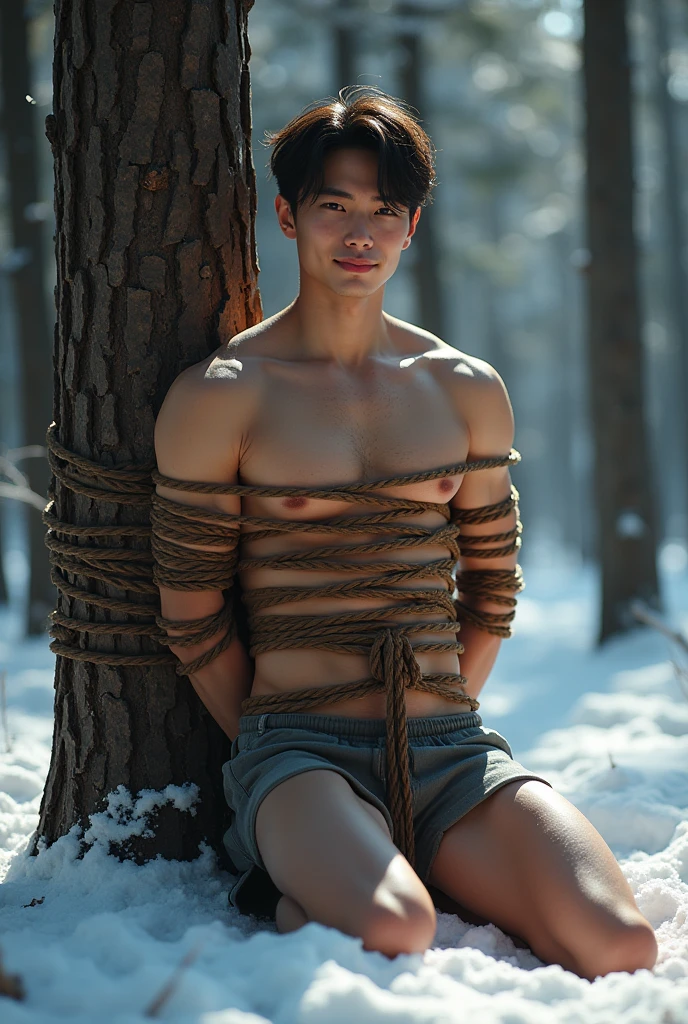 (((muscular,shirtless guy))), (((young, slim, muscular, fit, boy))), (((ripped sixpack))), ((((Trussed up completely with rope)))), ((((ropes trussed across chest)))), (((body trussed up in tight fitting shibari ropes))), (((beautiful boy))), (((beautiful face, K-pop type))),  (((slim fit body))), ((medium-lenght curtain hairstyle))), (((wearing shorts))) kneeling, (((arms behind back))), , Smiling, (((in a dense snowy forest))), ((leaning against a tree)))