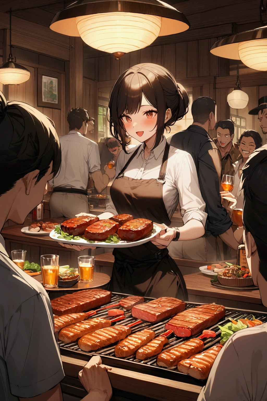 6mens,1woman,BBQ house,indoor,Grilling meat,Surrounding the table、A fun atmosphere,liquor