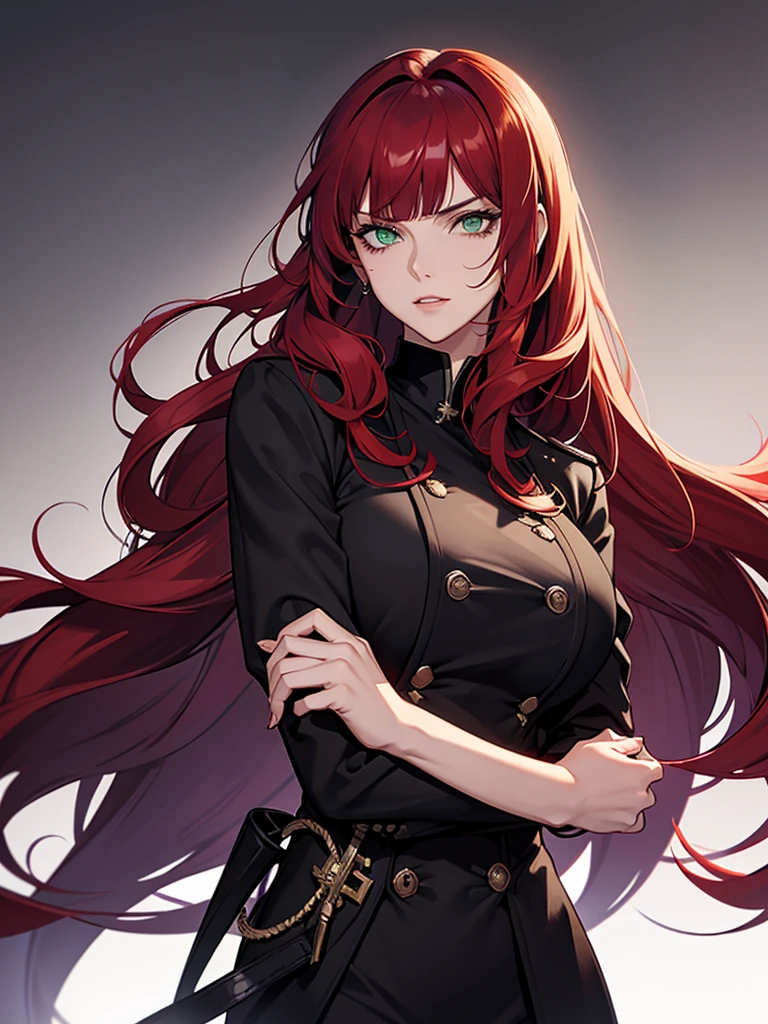 green eyes, red hair with long bangs, noble, mafia. sadistic women, wavy long hair. weaving black purple uniform. strong woman