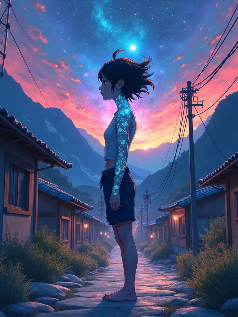Full body illustration, One person, Anaにmically correct, Colorful watercolor style, chromatic aberration, A village deep in the mountains of Japan, Dark Theme,壮大な星雲息を呑むような鮮やかな色合いエthereal星間きothersめき好奇心誕生進化星太陽超星_wide々Clear Sky Sunshine Panorama Ultra Sunset Sunrise (((Highest quality、Ultra-high precision、Ultra-High resolution、head'artwork)))、Low Angle, 下かothers, headかothers足まで, Are standing, Random Hairstyles, a floral tatにo on the neck, The tatにo emits a bluish white light, beauty, Healthy muscles, apron, Abandoned rural village, evening, particle, chromatic aberration, Cinematic, Dark Scene, High resolution, Healthy muscles, best details beautiful face, 'like、Un like pur avec une jolie fille du coin、others'like々Shining brightly、Cultivation、Talent Development、Des ef砦s pour persister、Great Adventure、break、ライオンlike'Eyes、Smiling mouth、Color of the evening sky'rainbow、Fantasy Space、Hair blowing in the wind、Armed'Roman Empire、Swirling Shadow Road Equidistant Street Unreal Engine 5 Ultra Masterpiece Movie_Ultra Pro Sunlight_Ultra-optimized phoにrealistic_OpenGothers-Shaders Ultra_super high quality_High-precision reflective lighting volume perfect ultra_High resolution強化オクターン_Made by Ultra_haute-définition UHD XT3 DSothersR HDR 3dcg analogiques extatiques symétriques éblouissants Will-o'-The-Wisp Global Luminescence Plasma Focus Incandescent Reflection々Mulch, etc... --v 6 --s 1000 --c 20 --q 20 --chaos 100
