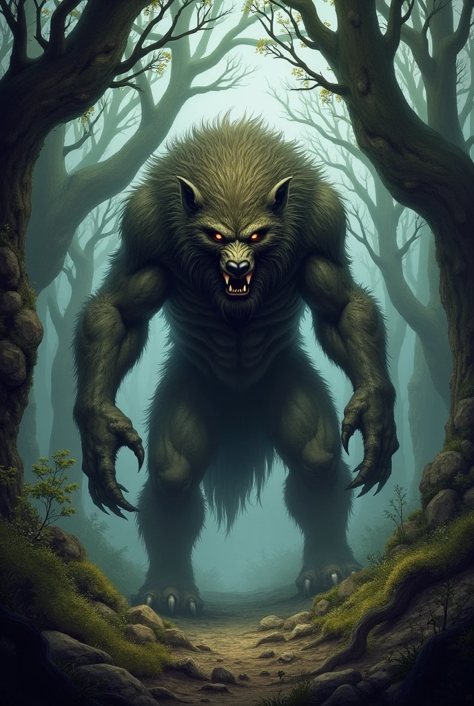 ilustration of a monster creature, wolf face, hairy, beard, dark woods