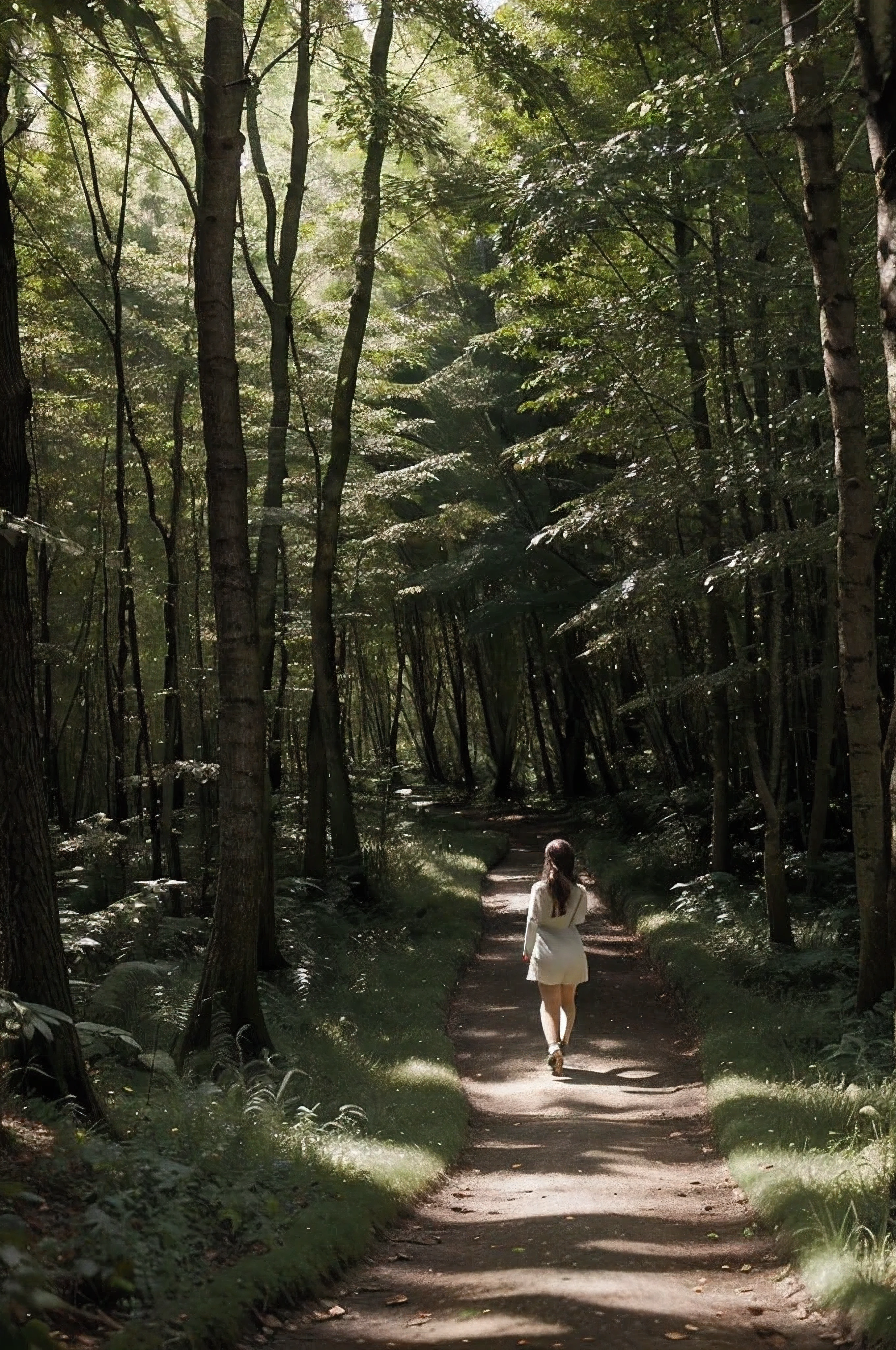 Aerial view of a girl walking alone on a winding forest path. The dense, lush greenery of the forest surrounds her, with tall trees creating a natural canopy. The path is narrow and meandering, leading deeper into the woods. The girl is dressed in a light, flowing outfit that contrasts with the deep green of the forest. Her figure is small against the vast expanse of nature, emphasizing the sense of solitude and peace. Sunlight filters through the trees, casting dappled patterns on the forest floor and highlighting the serene atmosphere of the scene