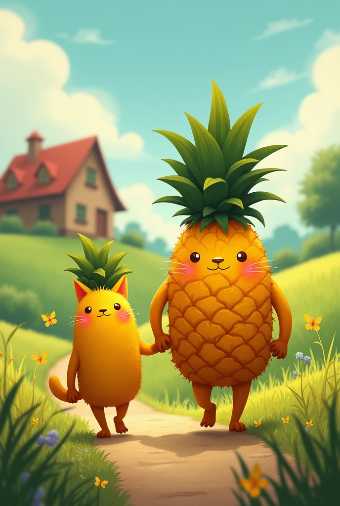 *Reconciliation Scene:** Pineapplecat and its father, now peaceful, walk together towards the farmer’s home with a sense of resolution.