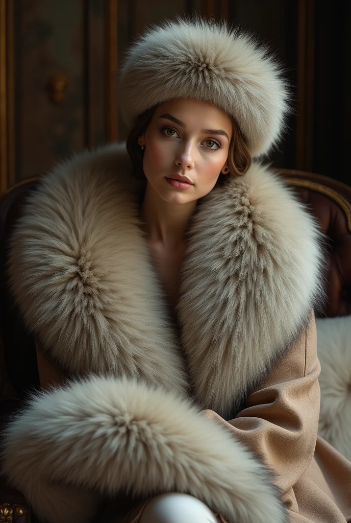 A beautiful woman, with afur cap on and a fur stole, sitting upright and holding out to the spectator a huge fur muff into which the whole of her forearm had vanished