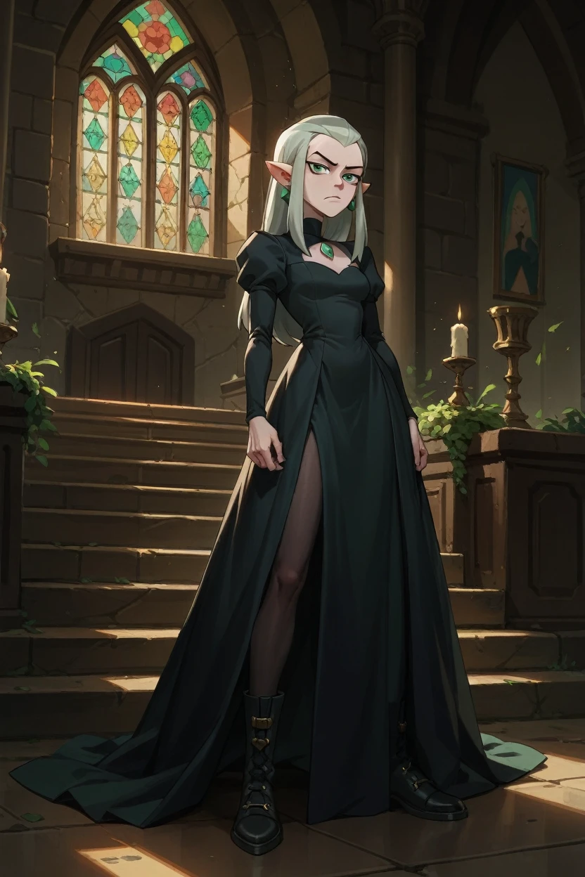 Lilith Clawthorne de la caricatura "The Owl House", Pale skin, green eyes, pointy ears, completely black fur, long black fur, straight hair, black dress, SERIOUS LOOK, In a castle, black pantyhose, black boots. 