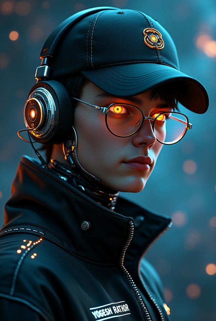 A highly detailed 18-year young boy cyborg, with a focus from the shoulders up, looking slightly towards the camera. The cyborg should have a futuristic and sleek appearance, featuring polished metal, intricate mechanical details, and neon glowing cybernetic implants. Include cyberpunk technology elements, such as cyberpunk-style glasses and headphones. His eyes should be glowing and enigmatic, with an expression suggesting contemplation or curiosity. The background should be a dark cosmic setting with a cinematic and professional style, incorporating deep space elements like stars and nebulae. The transition between the cyborg's technology and the cosmic background should be smooth and harmonious, creating a striking and immersive visual contrast, the boy wearing black cap, YOGESH RATHOR name on the jaket 