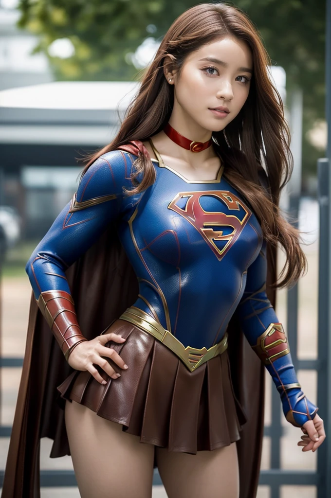 Ultra-realistic depictions,ultra-fine photos,, Best quality, Ultra high definition, Natural light, Full body portrait,( Amazingly beautiful style),((Chestnut hair and semi-long hair that sits in the wind))), Dynamic poses, Detailed beauty face, Brilliant eyes, Front view, (((supergirl costume))), enamel boots, big and full breasts, off shoulder, model body shape, shiny, long sleeve, looking at camera, choker, red mini skirt, Weekly magazine cover, gravure magazine, sweaty, from right in front, Seduce, Urban street, (Beautiful body in detail),((Big)),High detail skin, Realistic skin details, visible pores, sharp focus, 8K UHD, digital, high quality, fair skin, view from below