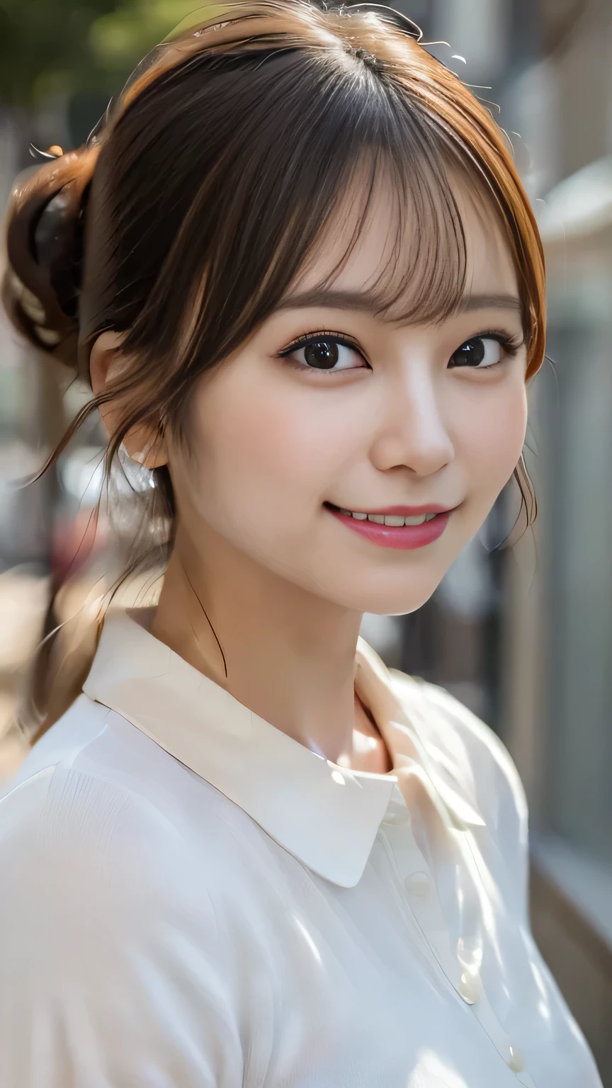 (8k, Highest quality, Genuine、 Ultra-high resolution:1.5),Beautiful Japanese Woman, ((Cute Smile)),(Updo), (big collar shirt), Profile of a person peering into the photo, Close-up shot of face、