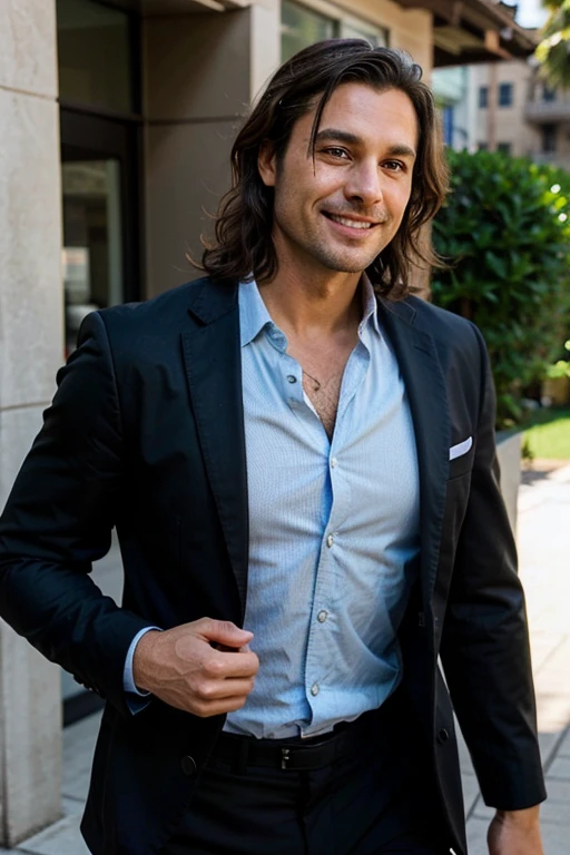 Handsome Man 40 years old, lean muscular body, tan skin olive, his eyes are blue, 1.90m, his hair is dark brown with natural waves that flow down his shoulders, stubble unshaved, wearing a black blazer, blue shirt, black pants, laughing and carrying a white cat