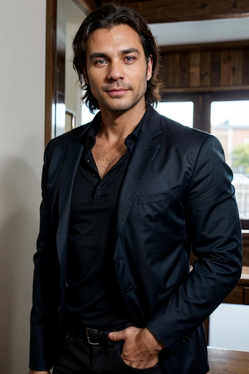Handsome Man 40 years old, lean muscular body, tan skin olive, his eyes are blue, 1.90m, his hair is dark brown with natural waves that flow down his shoulders, stubble unshaved, wearing a black blazer, blue shirt, black pants, laughing and carrying a white cat