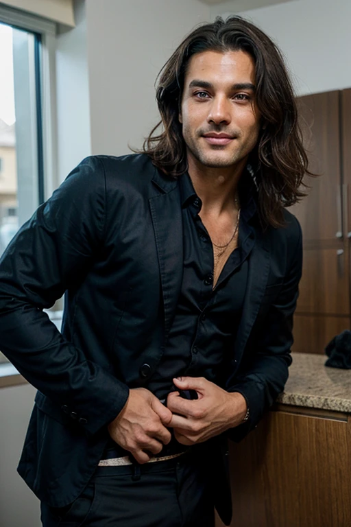 Handsome Man 40 years old, lean muscular body, tan skin olive, his eyes are blue, 1.90m, his hair is dark brown with natural waves that flow down his shoulders, stubble unshaved, wearing a black blazer, blue shirt, black pants, laughing and carrying a white cat
