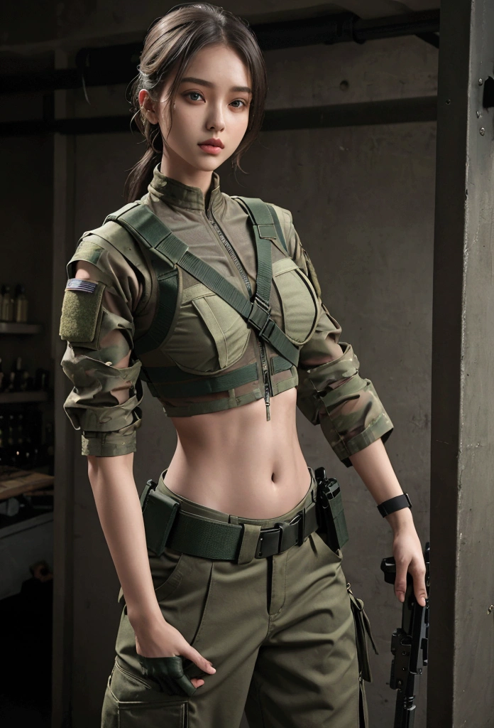 girl in crop top military bulletproof vest see through clothes inside , military green cargo pants, belt, military helmet, tactical, (open navel),