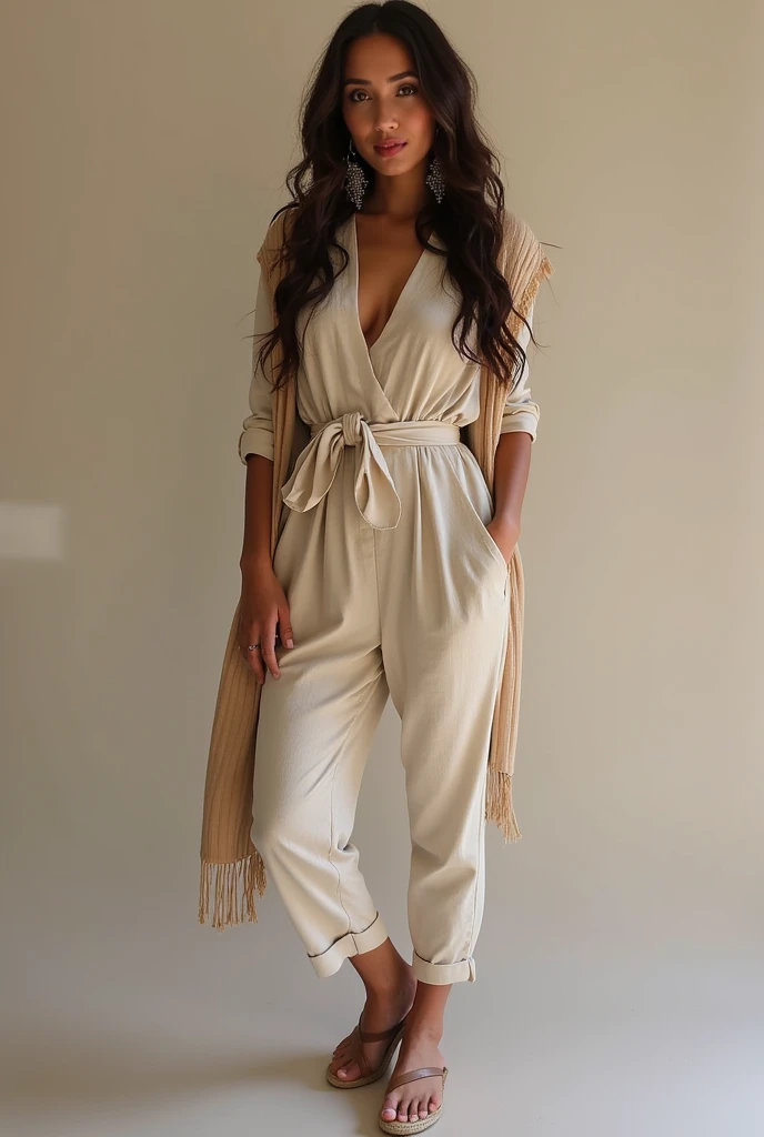 Riley Reid A structured jumpsuit with espadrilles and a scarf, Escort, Average Height, Narrow Hips, Diamond-Shaped Face, Dark Skin, Brunette Hair, grey-blue Eyes, Straight Nose, Thin Lips, Receding Chin, Long Hair, Wavy Hair, Ballerina Bun, round , Threader earrings, pink matte lipstick