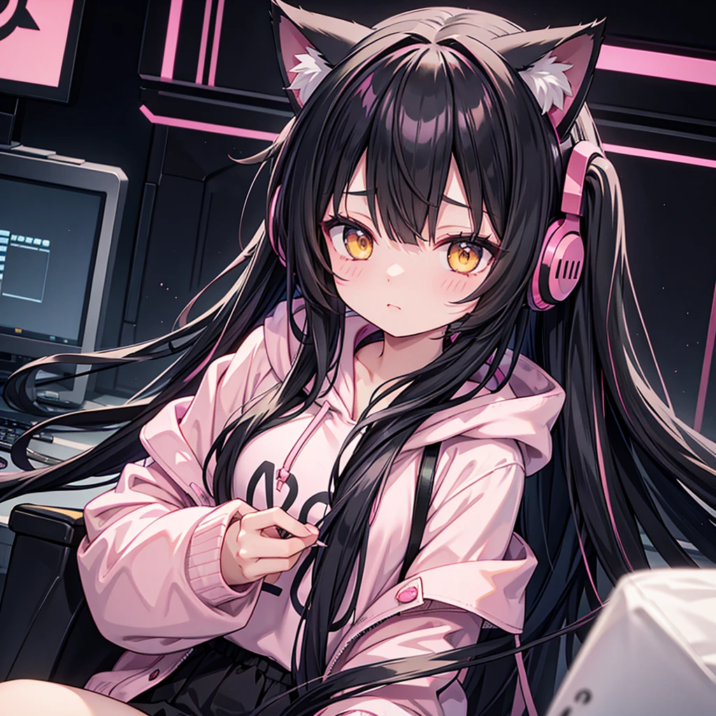 Anime girl. Long black hair and fringe. Yellow eyes. Cat ears. Gaming headset. Pink hoodie. Shoulder up. Close up. Pink stripes in hair.
