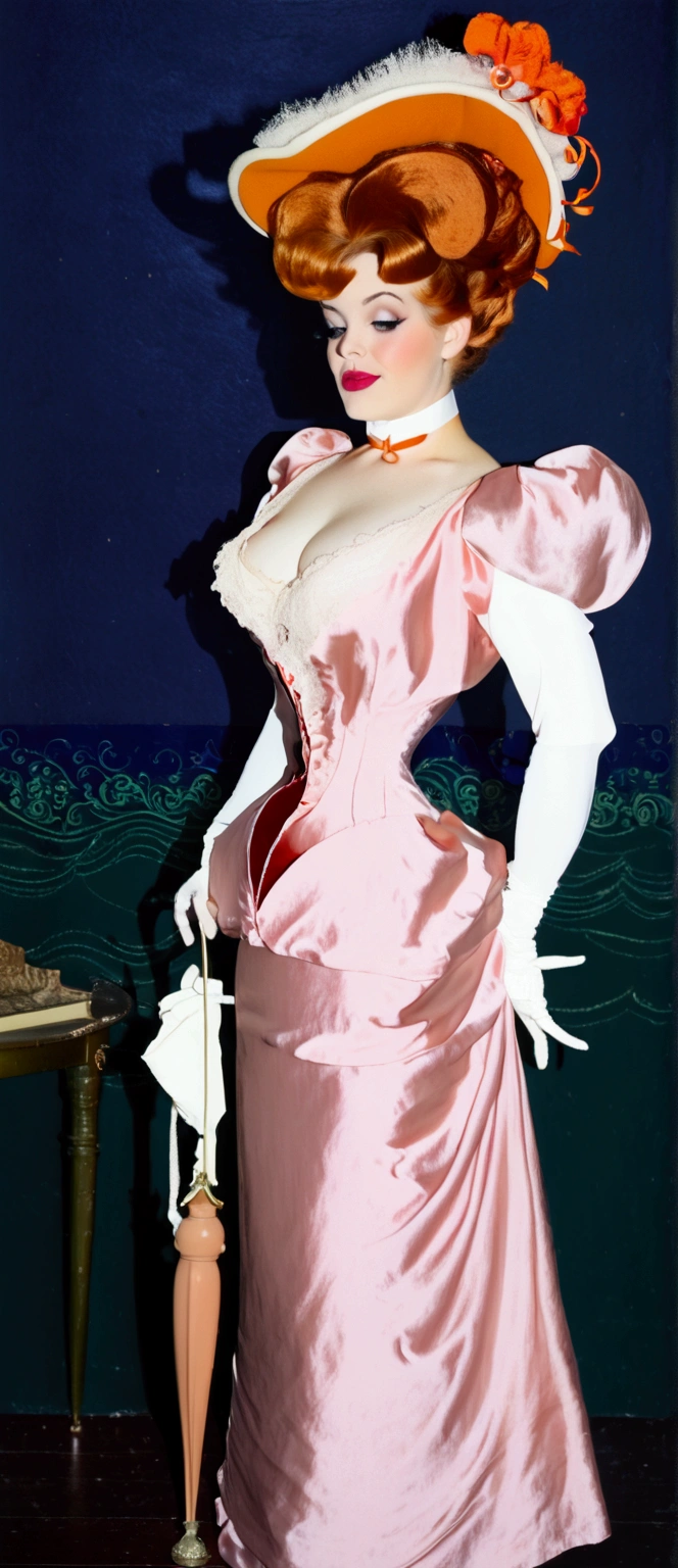 NSFW. RHRH as a sexy Gibson Girl (((fellating a dirty 69yo gentleman))). Year 1902. 1900_dr3ss. Pink sleeveless dress, ornate picture hat, (((knee-length high-waisted skirt, petticoats, silk stockings, boots))). Thotty demeanor. Hourglass figure. Large chest, 9in wasp waist, bubble butt. Gibson Girl updo, gorgeous face, red lips. Edwardian setting.