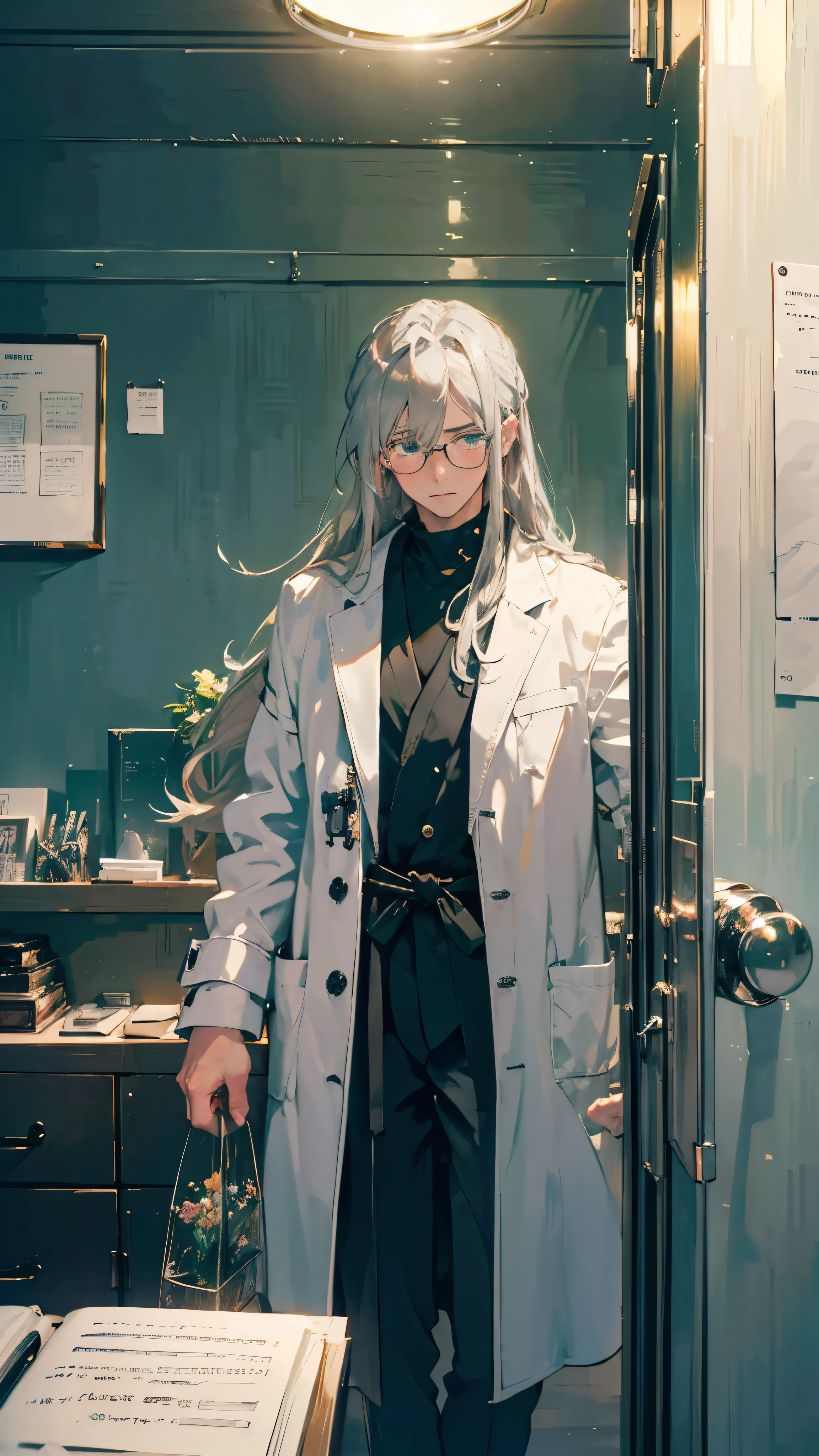 (masterpiece, Highest quality:1.2), (One boy), alone, Gray Hair, ((Long Hair)), Glasses, Handsome man, Very detailed, expensive, doctor, アニメスタイル, At the hospital, White coat, blush, Beautiful green eyes, Dynamic Perspective, シャープなフォーカス, Highly detailed eyes and face, (Depth of written boundary, ボケ:1.3), bangs, Out of focus, From below, Surrealism, cinematic lighting, 8K, UHD, high details, best quality, highres, 16k