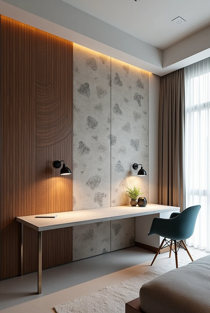 Modern bedroom design
Backboard should have a design
More complex
There should be 3/4 backborad and 1/4 wooden design on left
Add a modern study table and make the backborad more unique