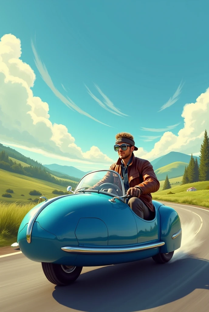 A man drives a blue sidecar.