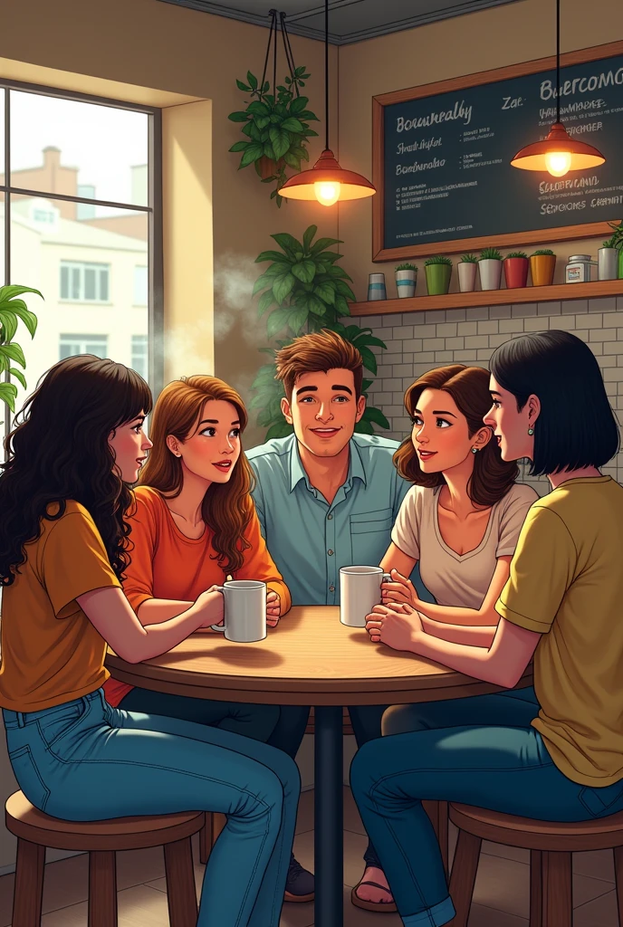 make a comic 3 girls and 1 guys talking in the small coffe shop