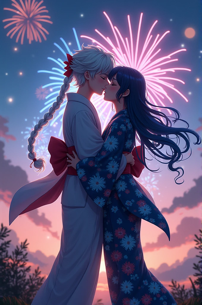 Create two agers kissing on top of a hill at the fireworks festival in Japan, The boy has long hair styled in braids, his hair is white with cyan blue highlights and the girl has black hair with blue highlights. Both are wearing anime-style kimonos.