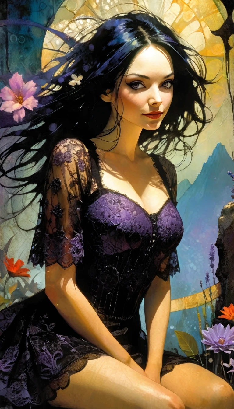 1 sexy girl, long black hair, lavender, short black dress, lace dress, smile, flower garden, full body, sitting, mountains in the distance, light particles, (depth of field, cinematic angle, cinematic lighting: 1.2), blurred background, blurred foreground, (masterpiece: 1.2), (best quality: 1.2), (highly aesthetic: 1.2), (absurd: 1.2), (detailed background), newest, intricate details,(best quality, 4k, 8k, high resolution, masterpiece: 1.2), ultra-detailed, (realistic, photorealistic, photorealistic: 1.37), details intricate, vivid colors, sharp focus, professional, Dave McKean artwork, surrealism oil touch, oil painting style, portrait, woman, beautiful detailed eyes, beautiful detailed lips, dreamy atmosphere, shadow play, lighting soft, fun pose, dark tones, ethereal background, fantasy elements, texture, layered composition. art inspired by Bill Sienkiewicz and Dave McKean