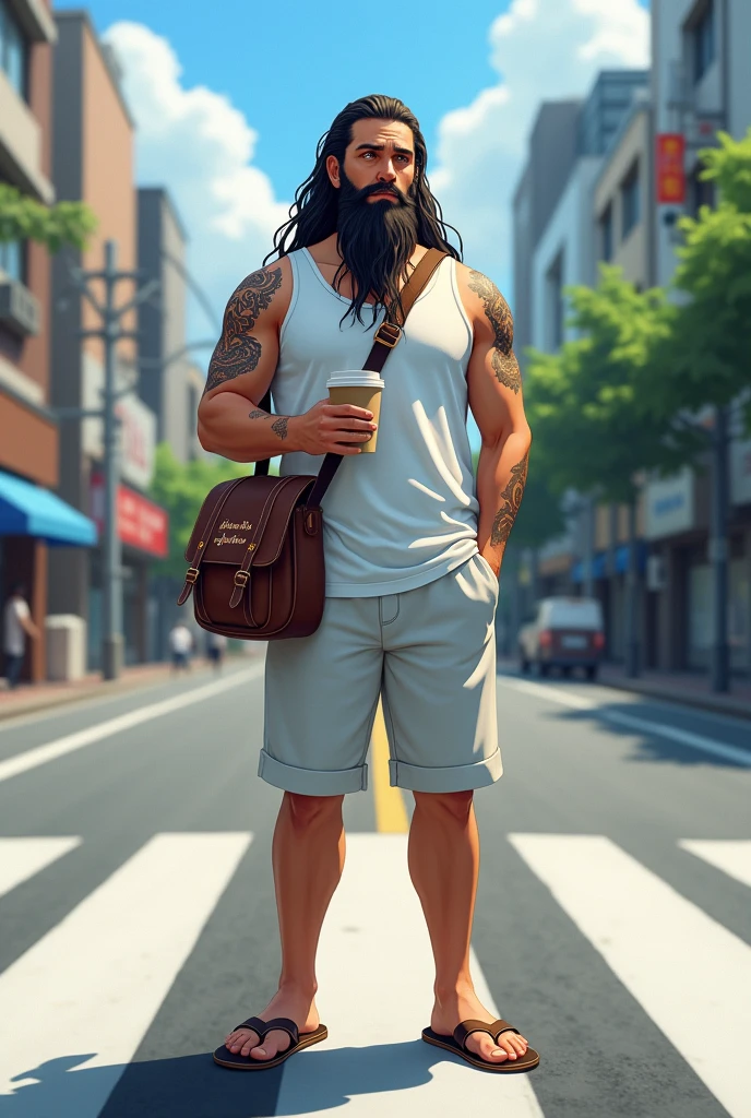 Photorealism 1.2 posterized masterpiece high detailed definition man long hair long beard wearing white singlet standing at middle road at Tokyo city fully body short trousers wearing slipper brown sling bag holding cup of coffee wrote 人生を楽しむ backpack maori tattoos on left shoulder