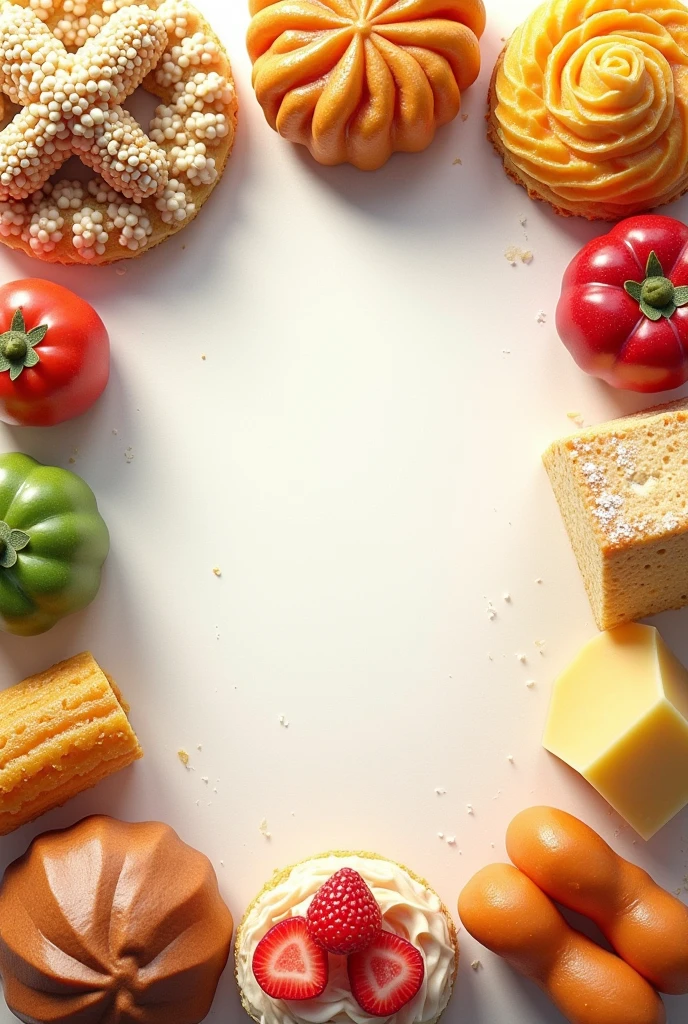 Frozen food display,Top view,Leave space in the middle,Tablecloth background