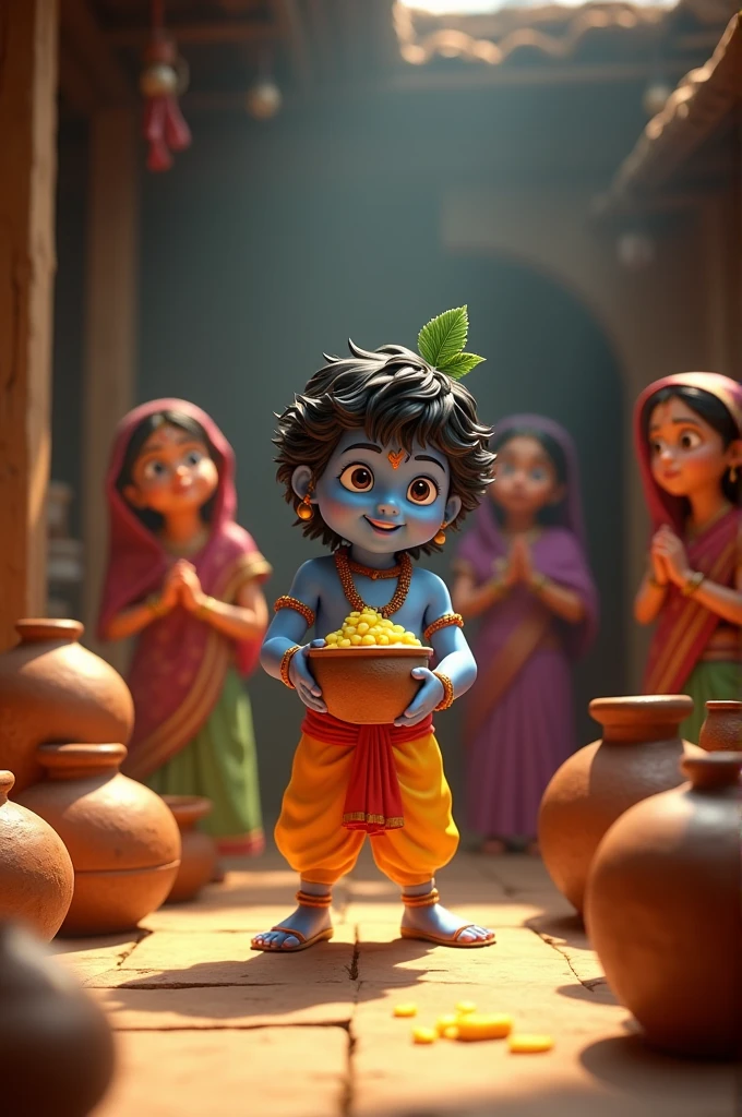 In cinematic 3D cartoon style"The Mischievous Krishna

Depict a vibrant and lively scene of young Krishna stealing butter (makkhan) from a kitchen. He is surrounded by gopis (village women) who are astonished or amused. Krishna should be shown with a playful smile, holding a pot of butter. The setting is a traditional Indian village kitchen with clay pots and utensils."