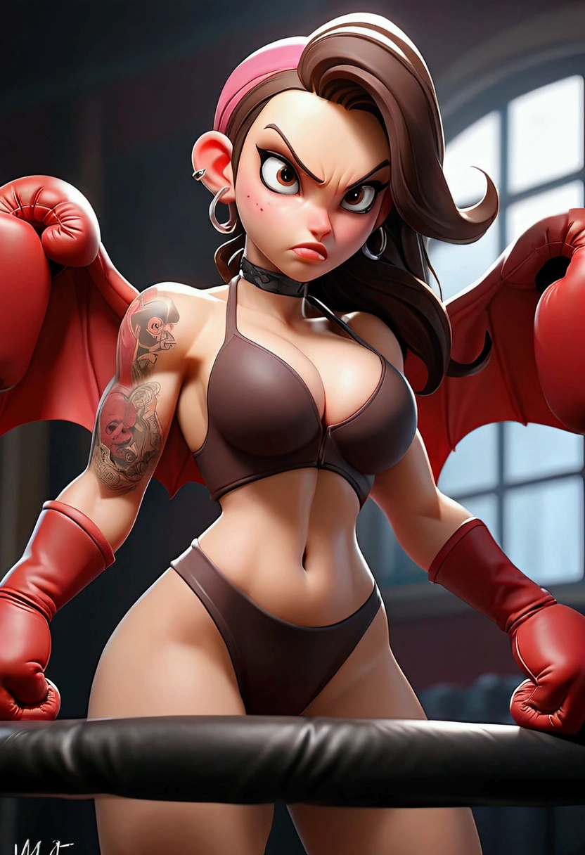 A very sexy and horny slutty pornstar seductive vixen adult demonic vampire centerfold Aerith supersexy hot 40 yo milf), Sexy perfect fit tattooed body style with tattered wings, big fat perfect thick curvy ass, big perfect tits, sexy thick pudgy thighs, perfect thick push-up cleavage, pulling at her slutty boxing string bikini top while seductively standing in her boxing fitness room, viewed_from_above, sexy topless, perfect fit shaped and sized boxing gloves, full see through lace bodysuit, viewed_from_behind, deliciously cupping her breasts, breast cupping, seductively shows her vampire fangs seductively sticks her tongue out