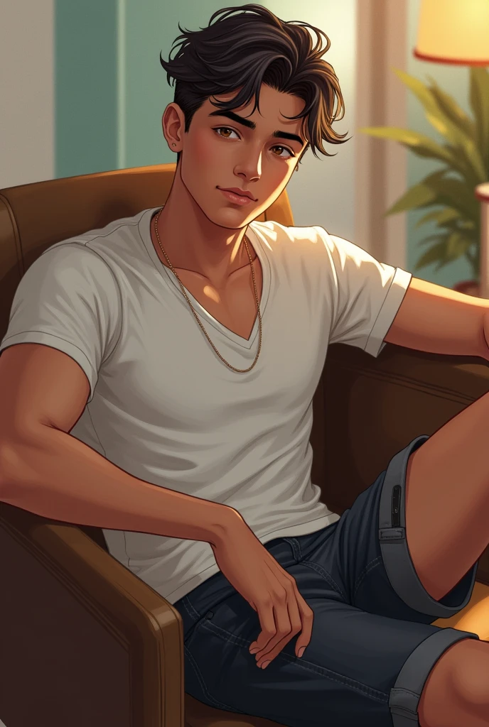 A handsome boy whose age is 17 sitting on the chair like a boss wearing shorts