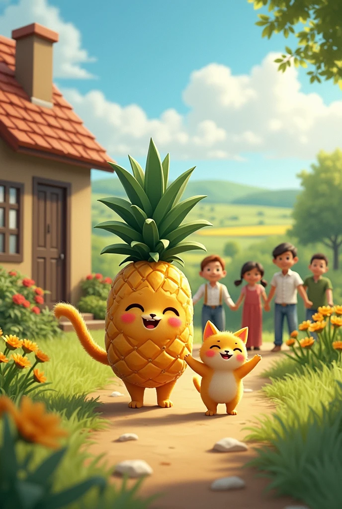 **Returning Home:** Pineapplecat and its father, looking relieved and content, return to their new home, with the farmer’s family welcoming them back.
