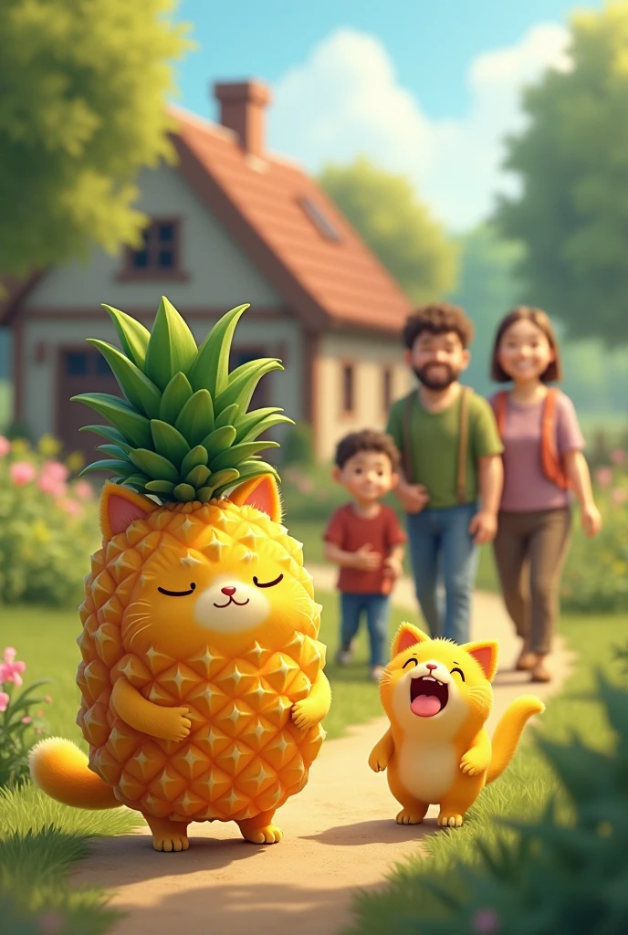 **Returning Home:** Pineapplecat and its father, looking relieved and content, return to their new home, with the farmer’s family welcoming them back.