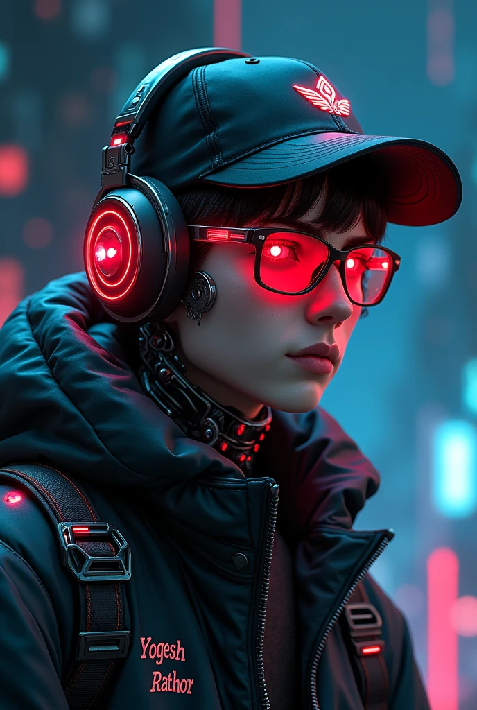 A highly detailed 18-year young boy cyborg, with a focus from the shoulders up, looking slightly towards the camera. The cyborg should have a futuristic and sleek appearance, featuring polished metal, intricate mechanical details, and neon glowing cybernetic implants. Include cyberpunk technology elements, such as cyberpunk-style glasses and headphones. His eyes should be red glowing and enigmatic, with an expression suggesting contemplation or curiosity. The background should be a dark cosmic setting with a cinematic and professional style, incorporating deep space elements like stars and nebulae. The transition between the cyborg's technology and the cosmic background should be smooth and harmonious, creating a striking and immersive visual contrast, the boy wearing black cap, YOGESH RATHOR name on the jaket 