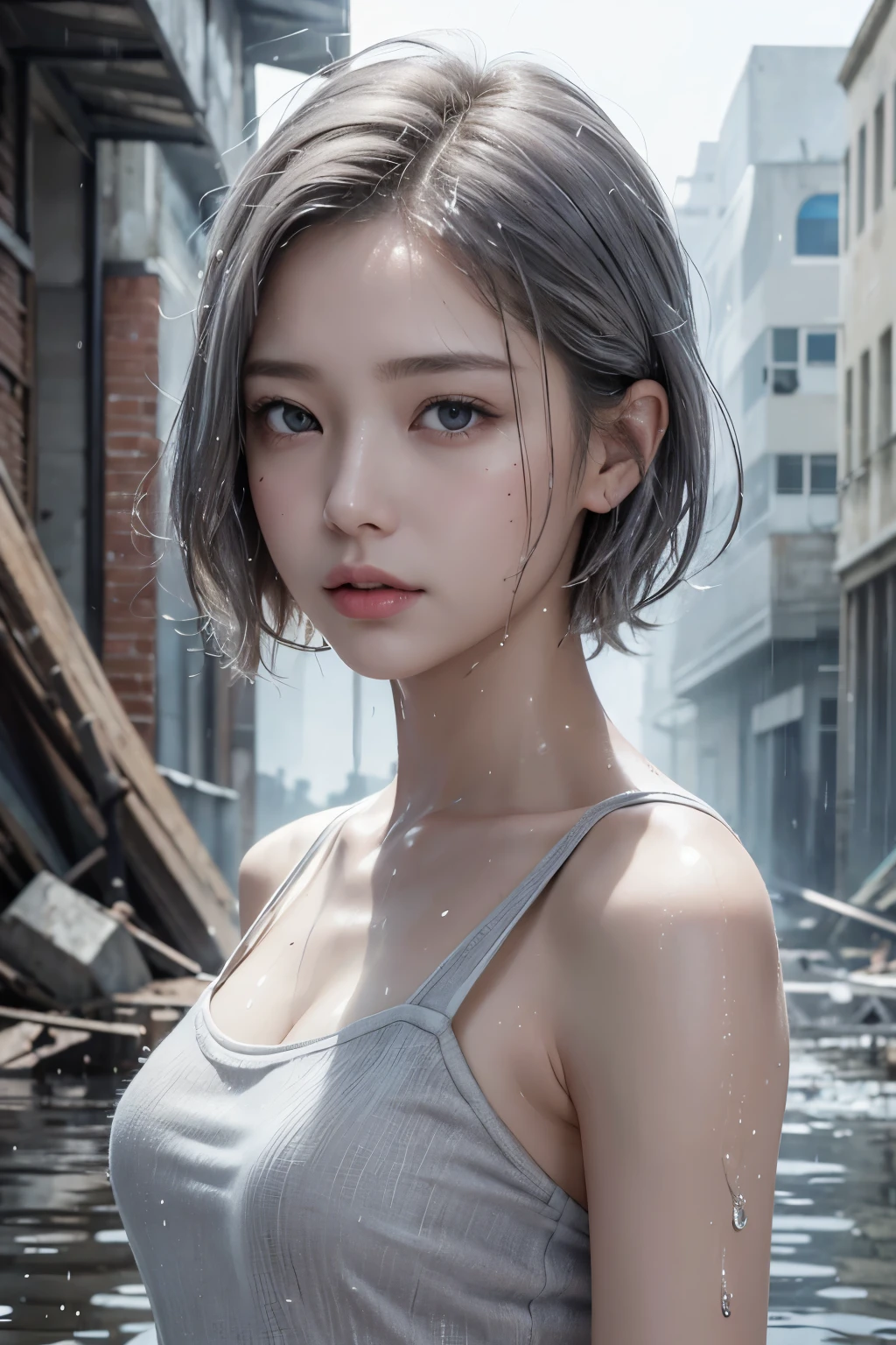 Highest quality, masterpiece, Ultra-high resolution、Photorealistic、A beautiful woman is getting wet in the rain、Stern expression、realistic skin and eyes、Silver-gray rough short bob hair、A simple and classic cotton dress、Small Bust、A bombed-out city of rubble、A dark, cloudy world with rain、Film Grain、