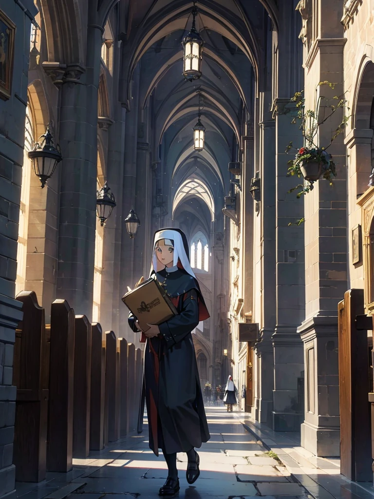 huge cathedral、Nuns coming and going、Medieval streetscape,Wide Road、The sound of the bell rings out、