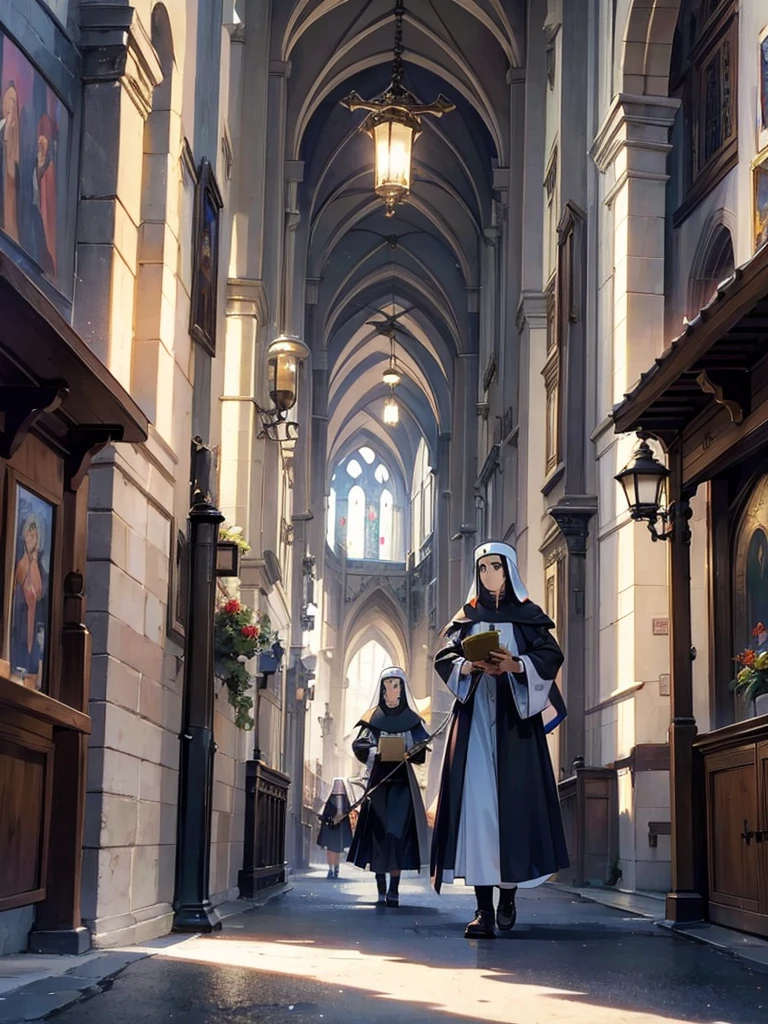 huge cathedral、Nuns coming and going、Medieval streetscape,Wide Road、The sound of the bell rings out、