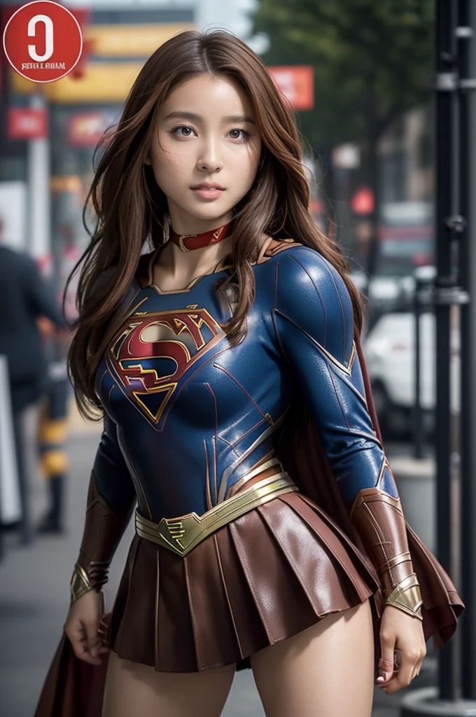 Ultra-realistic depictions,ultra-fine photos,, Best quality, Ultra high definition, Natural light, Full body portrait,( Amazingly beautiful style),((Chestnut hair and semi-long hair that sits in the wind))), Dynamic poses, Detailed beauty face, Brilliant eyes, Front view, (((supergirl costume))), enamel boots, big and full breasts, off shoulder, model body shape, shiny, long sleeve, looking at camera, choker, red mini skirt, Weekly magazine cover, gravure magazine, sweaty, from right in front, Seduce, Urban street, (Beautiful body in detail),((Big)),High detail skin, Realistic skin details, visible pores, sharp focus, 8K UHD, digital, high quality, fair skin, view from below