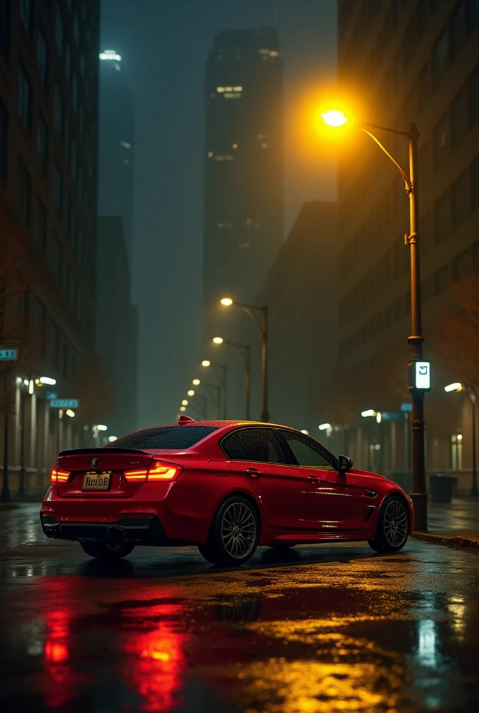A red car is parked near e yellow street light 
