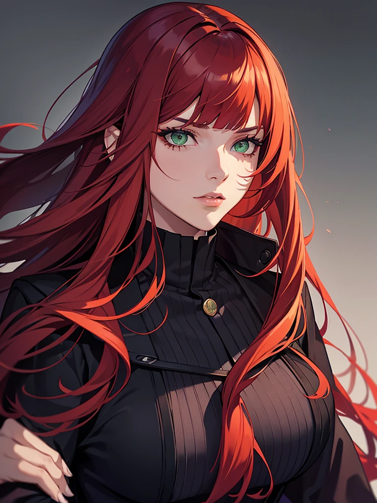 green eyes, red hair with long bangs, noble, mafia. sadistic women, wavy long hair. wear black purple jacket. strong woman. background in winter