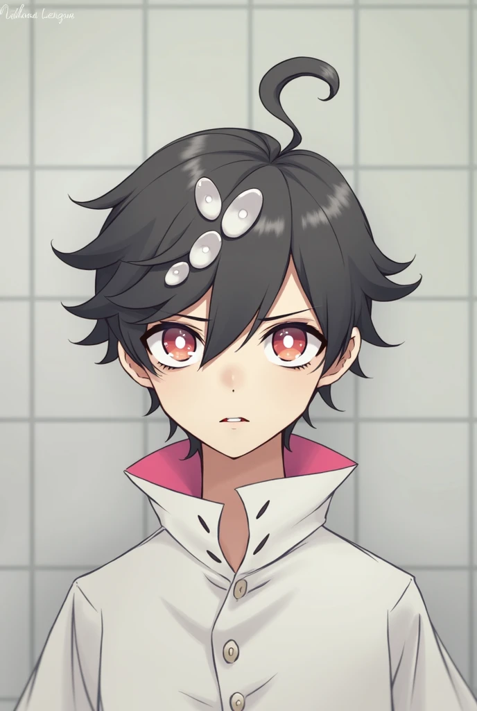 bangs, Droopy eyes, Three white eyes, Black Hair, Diagonal bangs, Natural Curl, Inner Color, Very short hair, Simple Background, Background Blur, Japanese illustration style, male,Mash Hair,Pink Eyes,Collar hair,Pink Inner Color,Pink Collar Hair,Pink nape，Male sex overlooking, A series of character actions, 