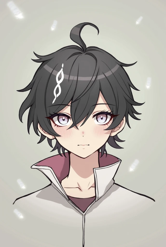 bangs, Droopy eyes, Three white eyes, Black Hair, Diagonal bangs, Natural Curl, Inner Color, Very short hair, Simple Background, Background Blur, Japanese illustration style, male,Mash Hair,Pink Eyes,Collar hair,Pink Inner Color,Pink Collar Hair,Pink nape，Male sex overlooking, A series of character actions, 