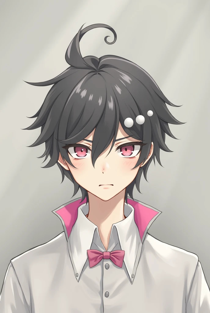 bangs, Droopy eyes, Three white eyes, Black Hair, Diagonal bangs, Natural Curl, Inner Color, Very short hair, Simple Background, Background Blur, Japanese illustration style, male,Mash Hair,Pink Eyes,Collar hair,Pink Inner Color,Pink Collar Hair,Pink nape，Male sex overlooking, A series of character actions, 