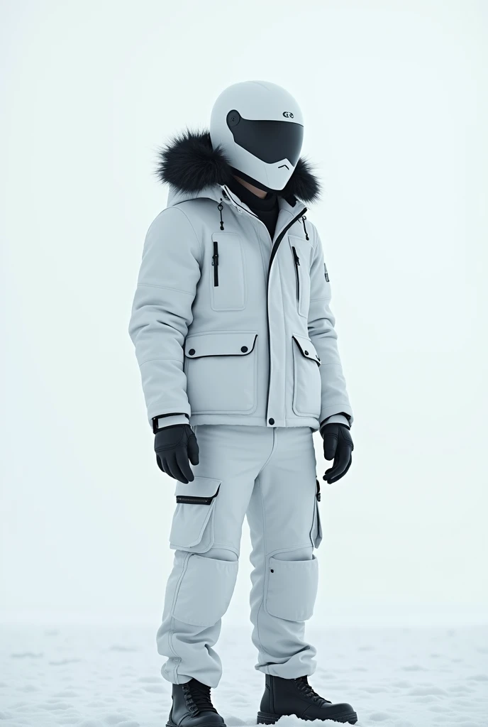 alone, male, standing, white winter jacket, hood up, white cargo pants, black fur around hood, white moter cycle helmet, 18, fit, best quality