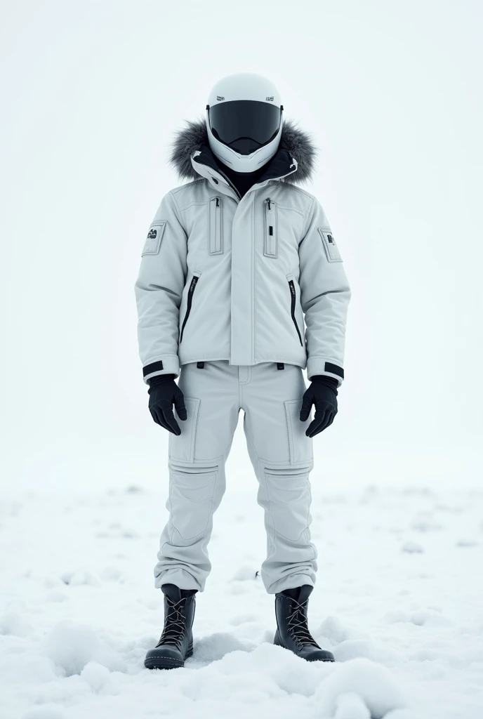 alone, male, standing, white winter jacket, hood up, white cargo pants, black fur around hood, white moter cycle helmet, 18, fit, best quality