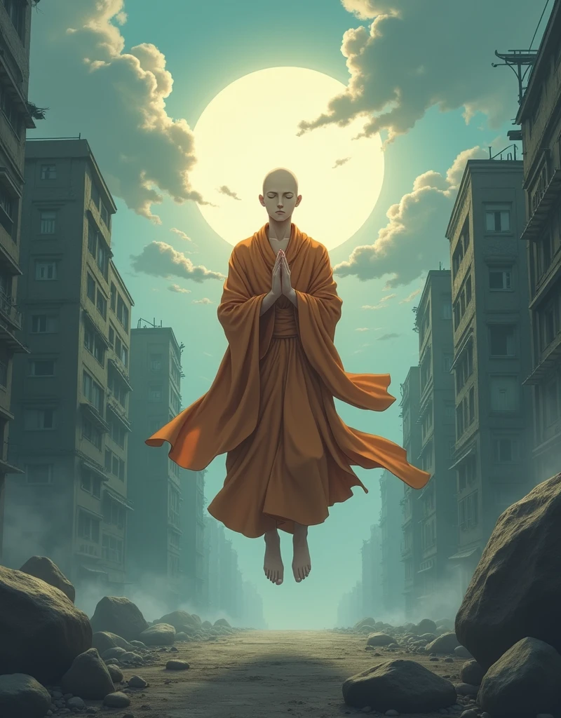 Create a anime style landscape image. Digital anime style featuring a bald monk with a serene expression, levitating in a meditative pose amidst a post-apocalyptic urban landscape. The monk, with light brown skin, is dressed in a flowing orange robe that contrasts with the dark, cloudy sky. Surrounding him are large, floating rocks, and a glowing, circular energy field emanates from his body, adding a mystical aura. The background showcases dilapidated buildings and a foggy, debris-strewn ground, enhancing the sense of desolation and otherworldliness. The overall composition is dynamic, with a strong emphasis on the central figure and the supernatural elements.